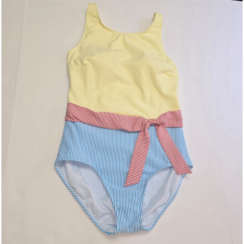 Lands End One Piece Swimsuit Size 10 Womens Stripe Retro High Neck Tummy Control
